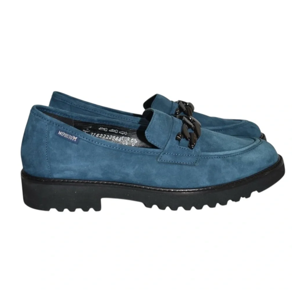 Memphisto Peacock Blue Velvet Leather SALKA Slip-On Loafers with Lug Sole